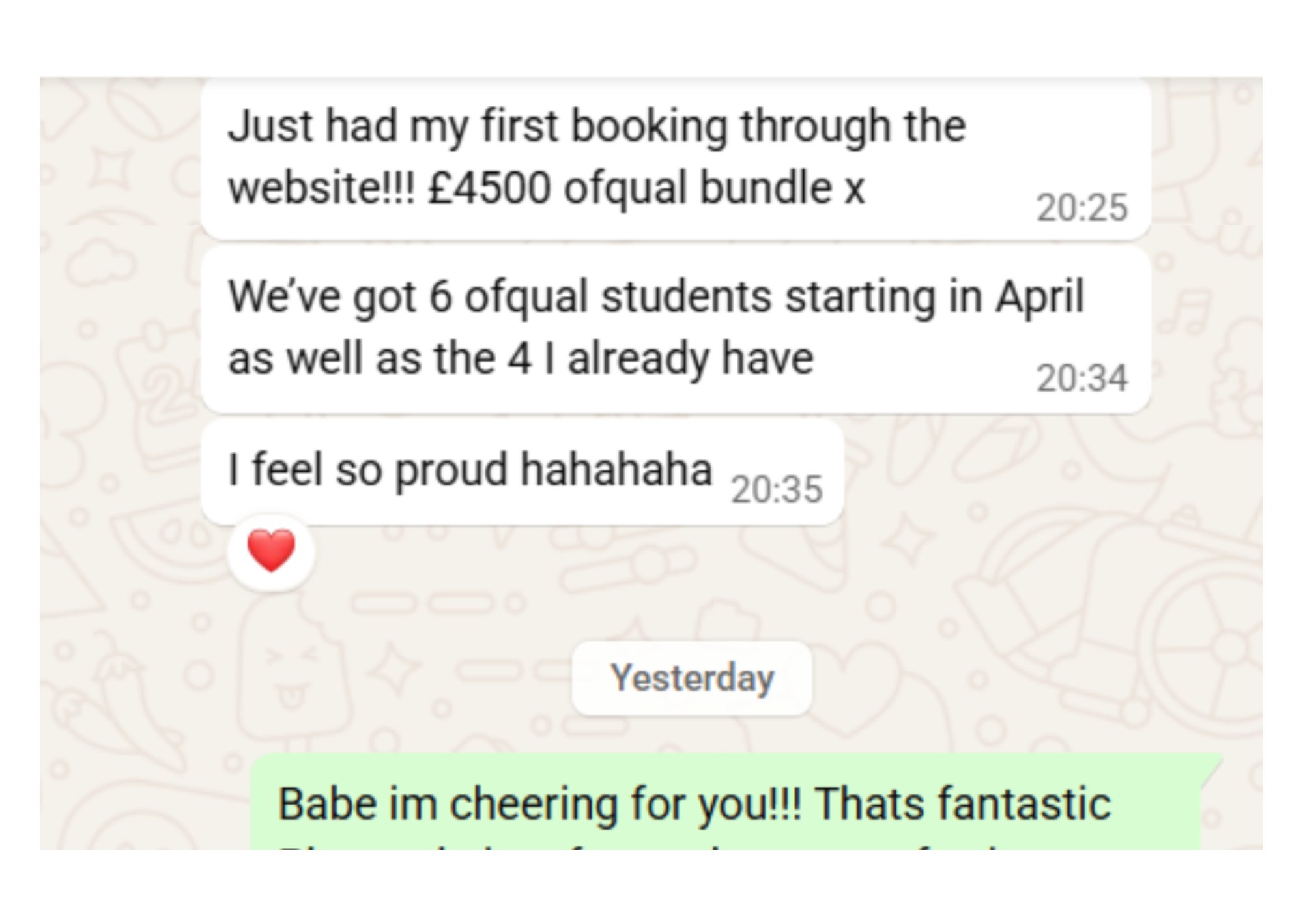 Client testimonial showing £4500 booking through website